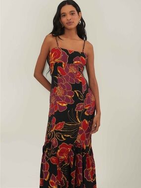 NWT Farm Rio Black Shiny Chita LENZING™ ECOVERO™ Maxi Dress size XS